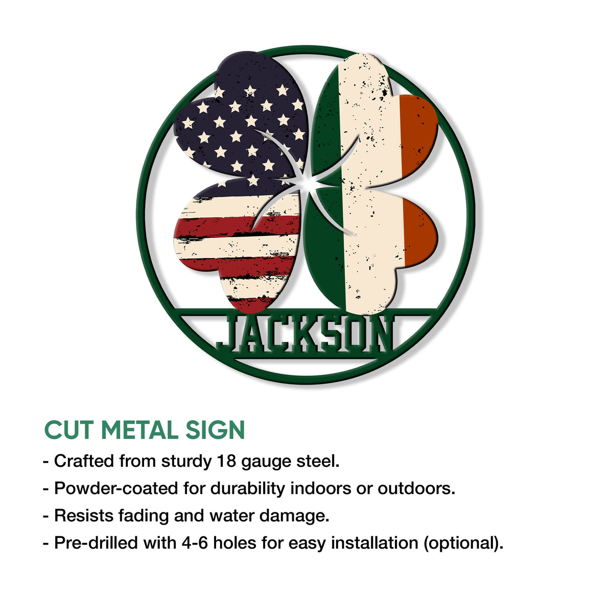 Irish American shamrock metal sign shown with cut-metal construction and mounting option details