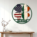 Irish American shamrock wall sign displayed as colorful patriotic decor above a console table