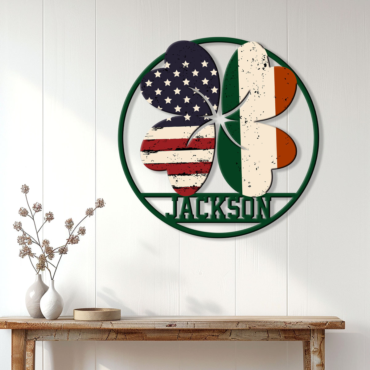 Irish American shamrock wall sign displayed as colorful patriotic decor above a console table