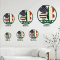Irish American shamrock metal sign shown in multiple size options on a bright living room wall