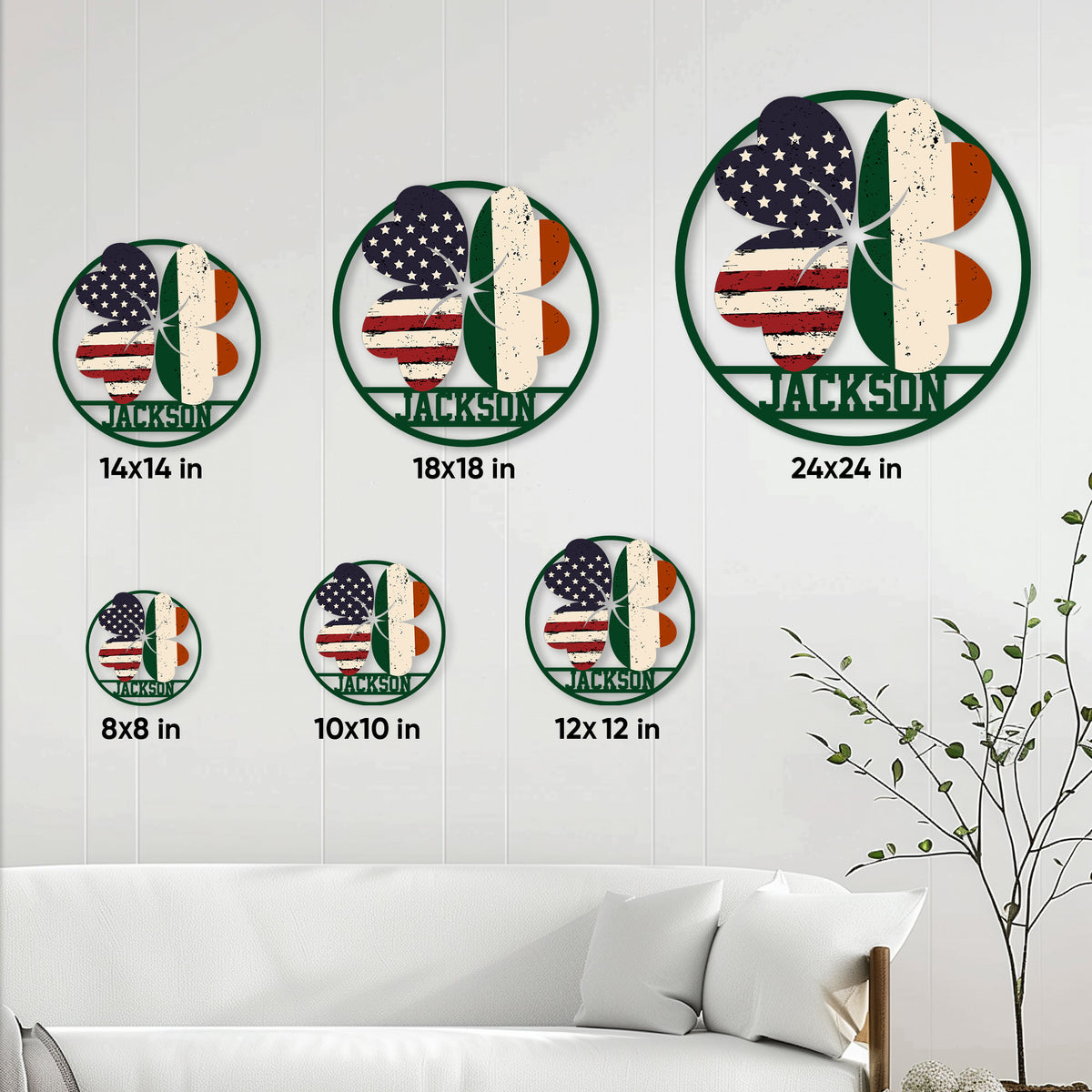 Irish American shamrock metal sign shown in multiple size options on a bright living room wall