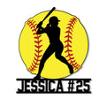 Custom softball metal sign featuring a batter silhouette over a yellow softball with bold player lettering