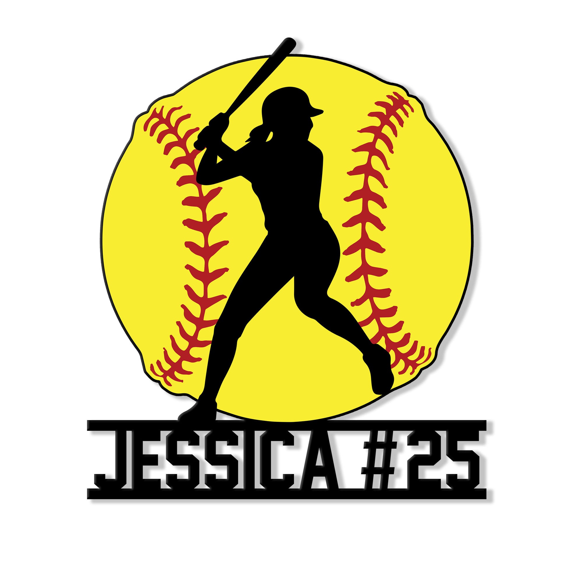 Custom softball metal sign featuring a batter silhouette over a yellow softball with bold player lettering