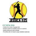 Softball player silhouette metal sign shown with cut-metal construction and indoor or outdoor display details