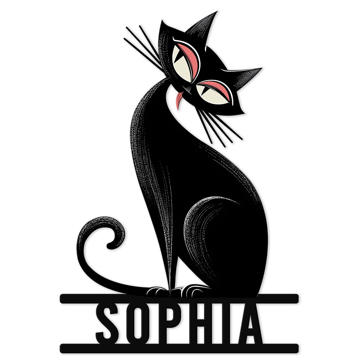 Stylized black cat metal sign with curled tail, striking eyes, and a sleek sitting silhouette