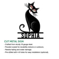 Black cat cut metal sign shown in a product feature infographic for indoor or outdoor display