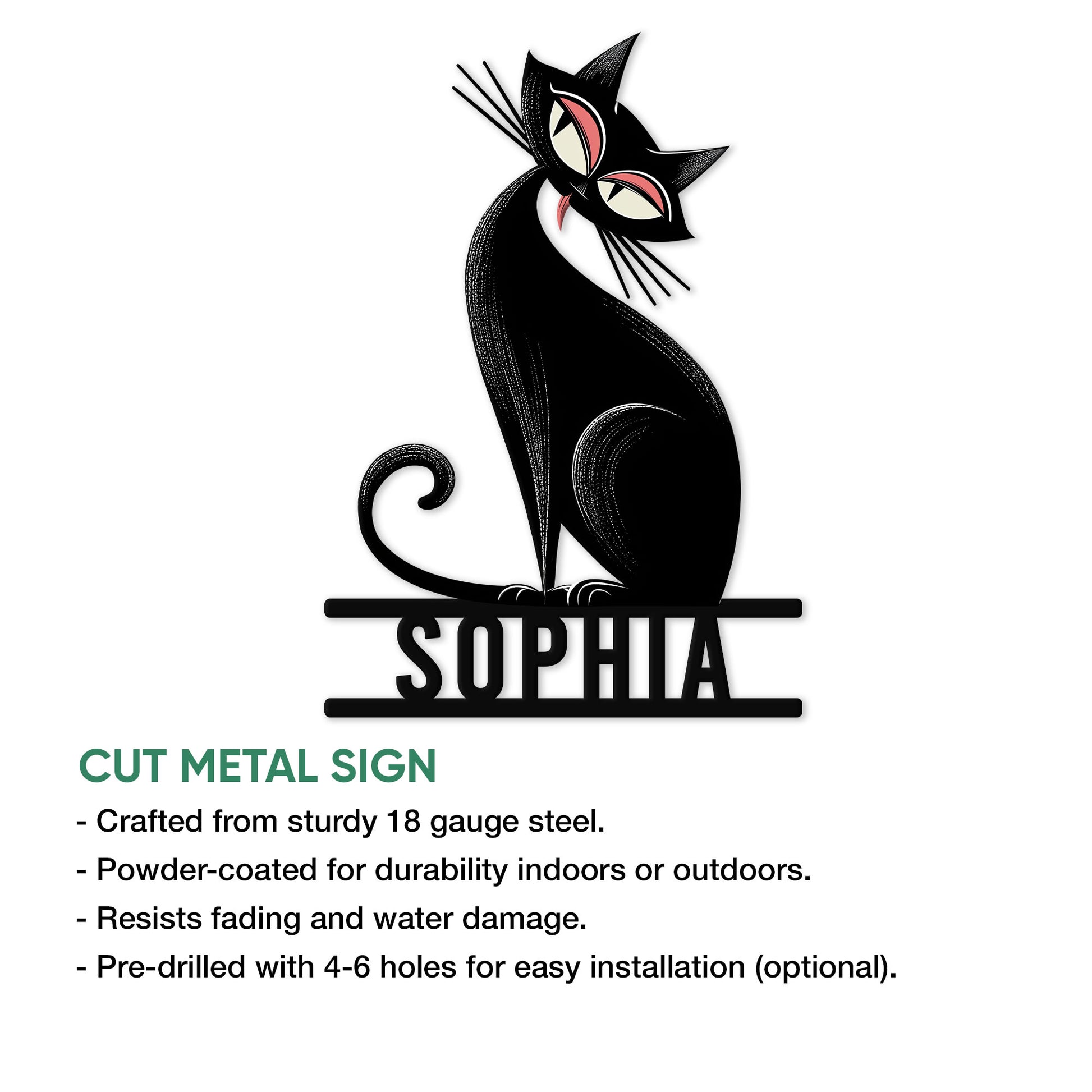 Black cat cut metal sign shown in a product feature infographic for indoor or outdoor display
