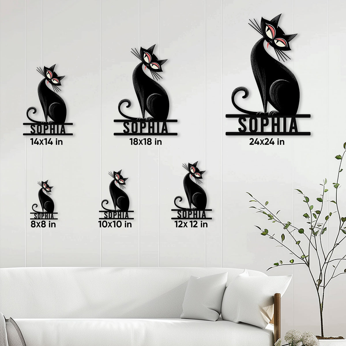 Black cat metal sign size comparison guide showing several available square size options