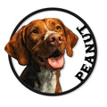 Circular Vizsla dog metal sign featuring a detailed rust-colored portrait with a white facial blaze