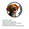 Vizsla dog metal sign shown with a product feature graphic highlighting its cut-metal construction