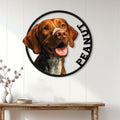 Vizsla portrait metal sign displayed as wall decor above a console table in a bright home entryway