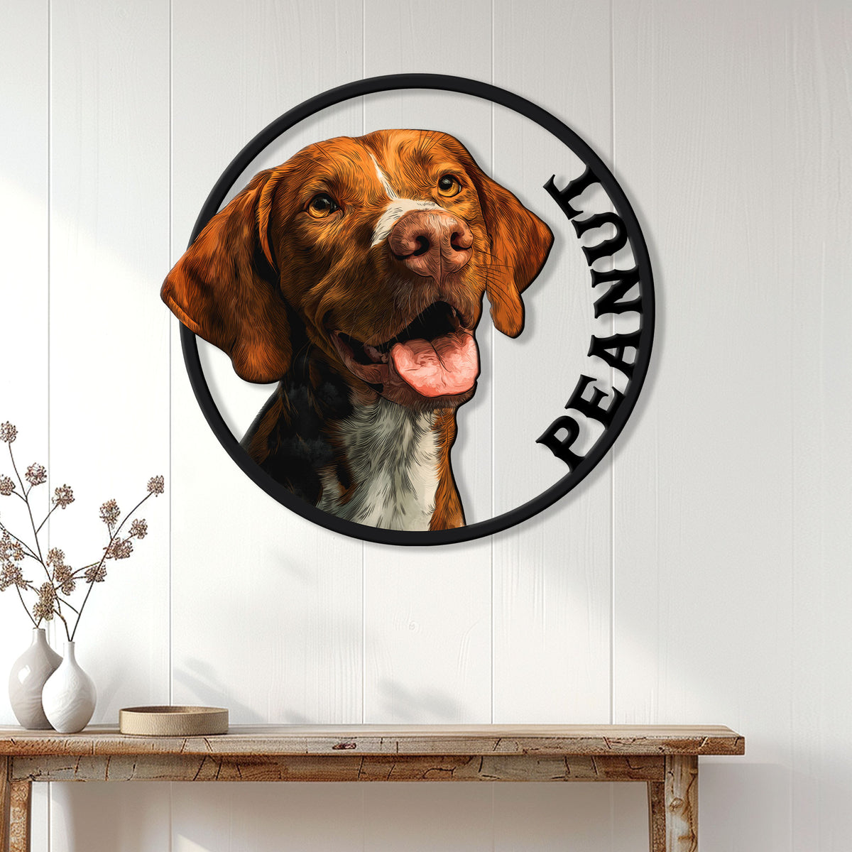 Vizsla portrait metal sign displayed as wall decor above a console table in a bright home entryway