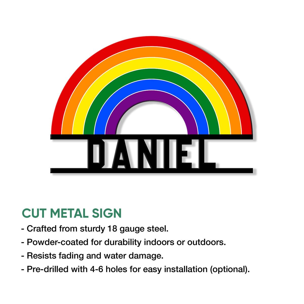 Rainbow Pride cut metal sign shown in a product feature presentation
