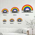 Rainbow Pride metal sign size guide showing multiple square size options in a living room