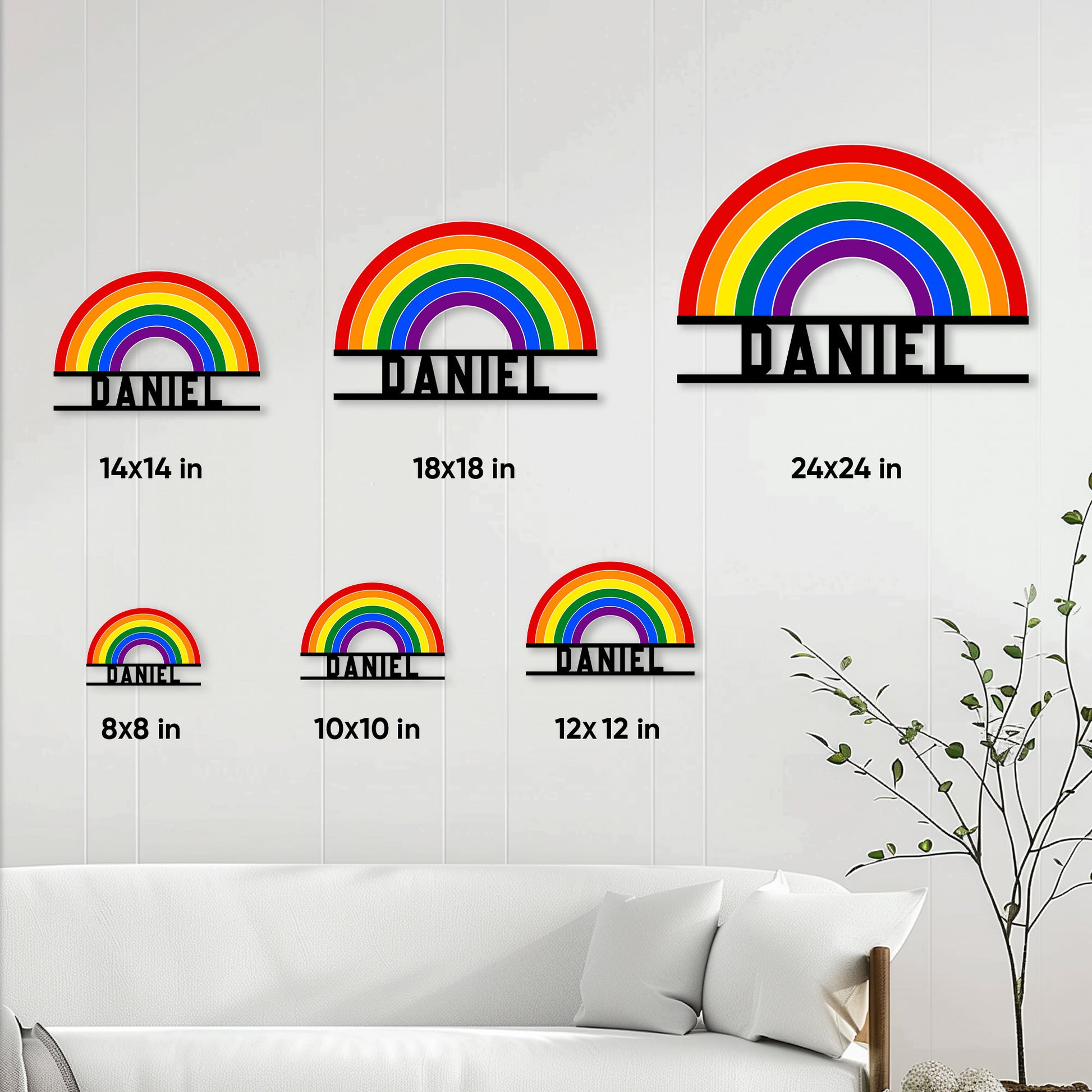 Rainbow Pride metal sign size guide showing multiple square size options in a living room
