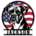 Close-up of a Boxer dog metal sign with a bold black-and-white portrait over an American flag background