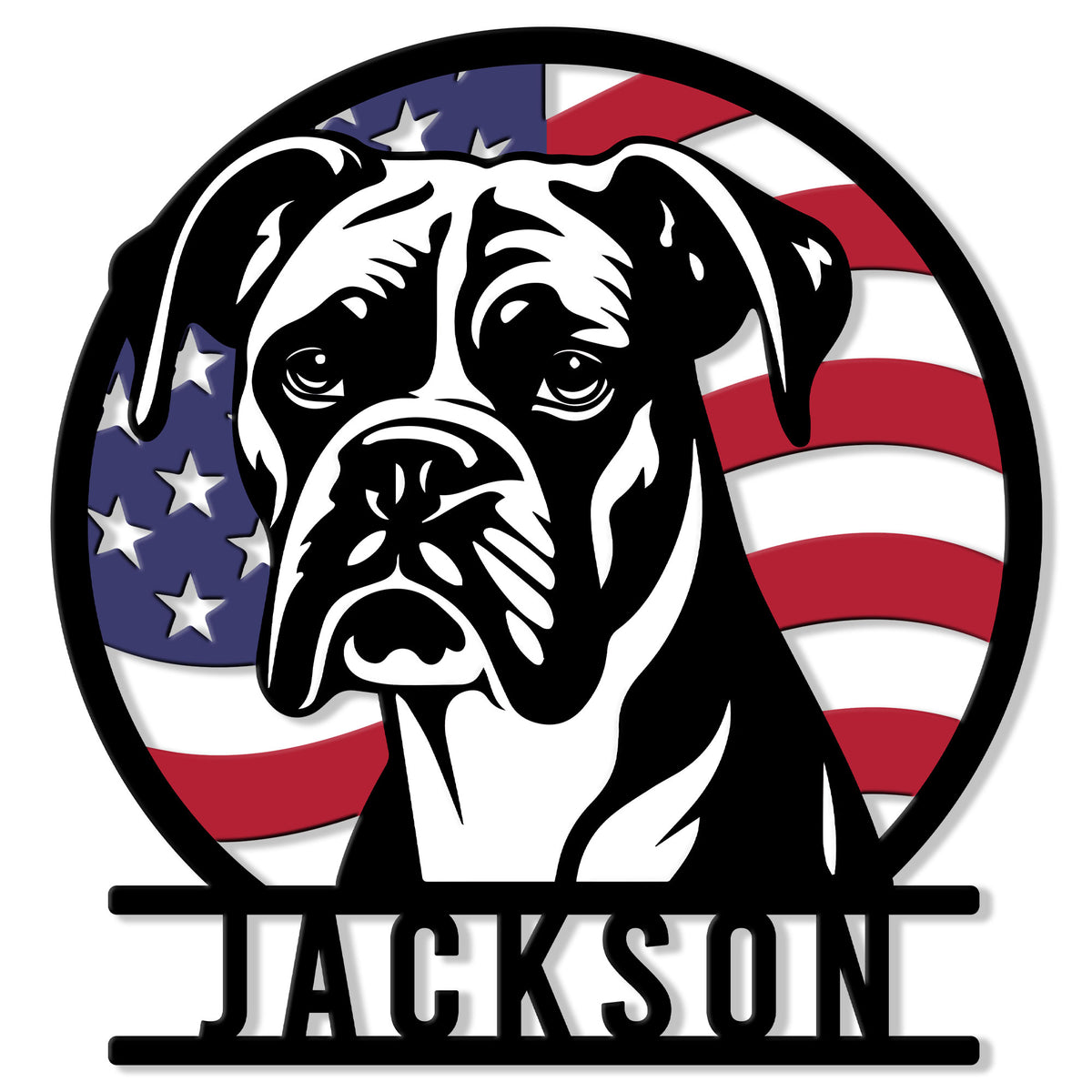 Close-up of a Boxer dog metal sign with a bold black-and-white portrait over an American flag background