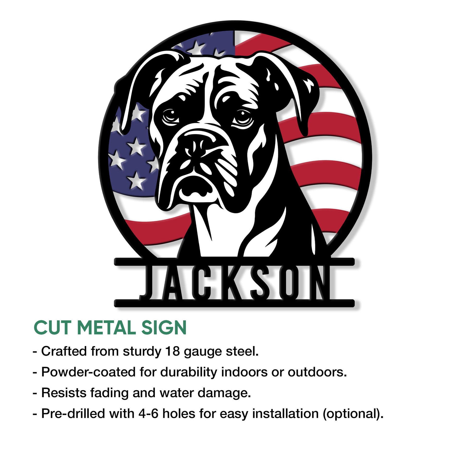 Boxer dog cut metal sign shown with a patriotic flag design and product feature information