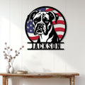 Patriotic Boxer dog wall sign displayed on a light wood-paneled wall above a console table