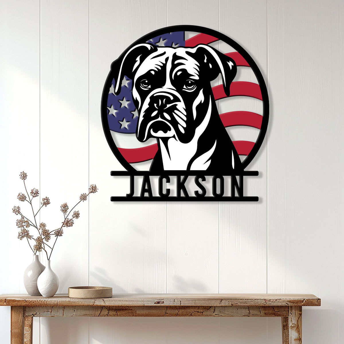 Patriotic Boxer dog wall sign displayed on a light wood-paneled wall above a console table