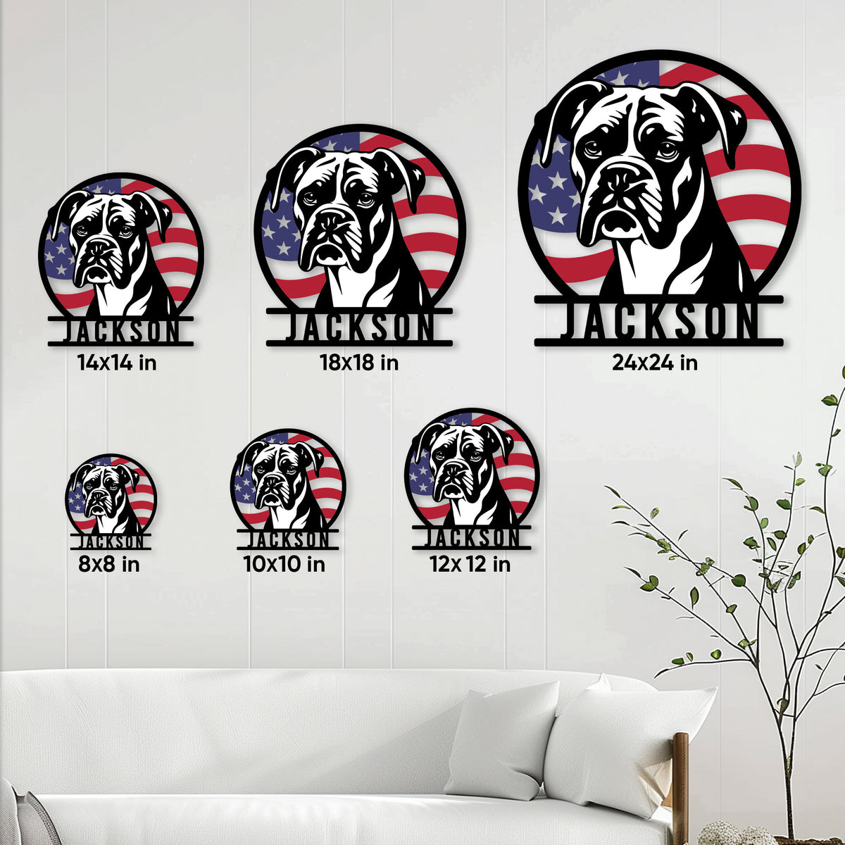 Boxer dog metal sign size guide showing available square sizes from 8 by 8 to 24 by 24 inches