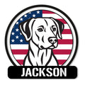 Dog portrait metal sign featuring a black-and-white dog against an American flag