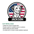 Cut metal dog sign shown with indoor and outdoor display features