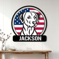 Patriotic dog portrait metal sign displayed on a white paneled wall
