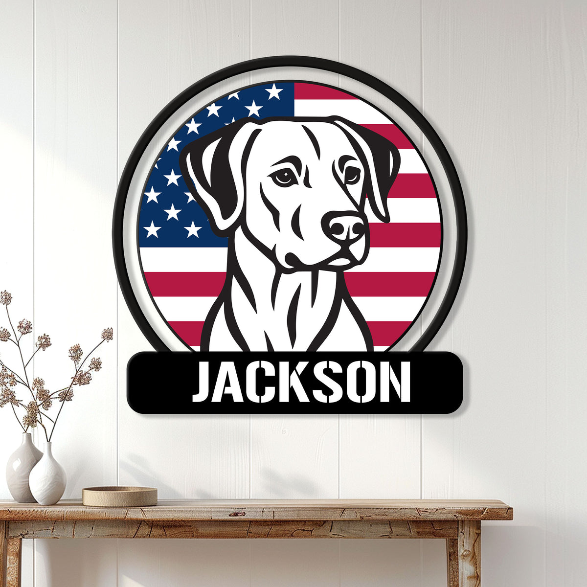 Patriotic dog portrait metal sign displayed on a white paneled wall