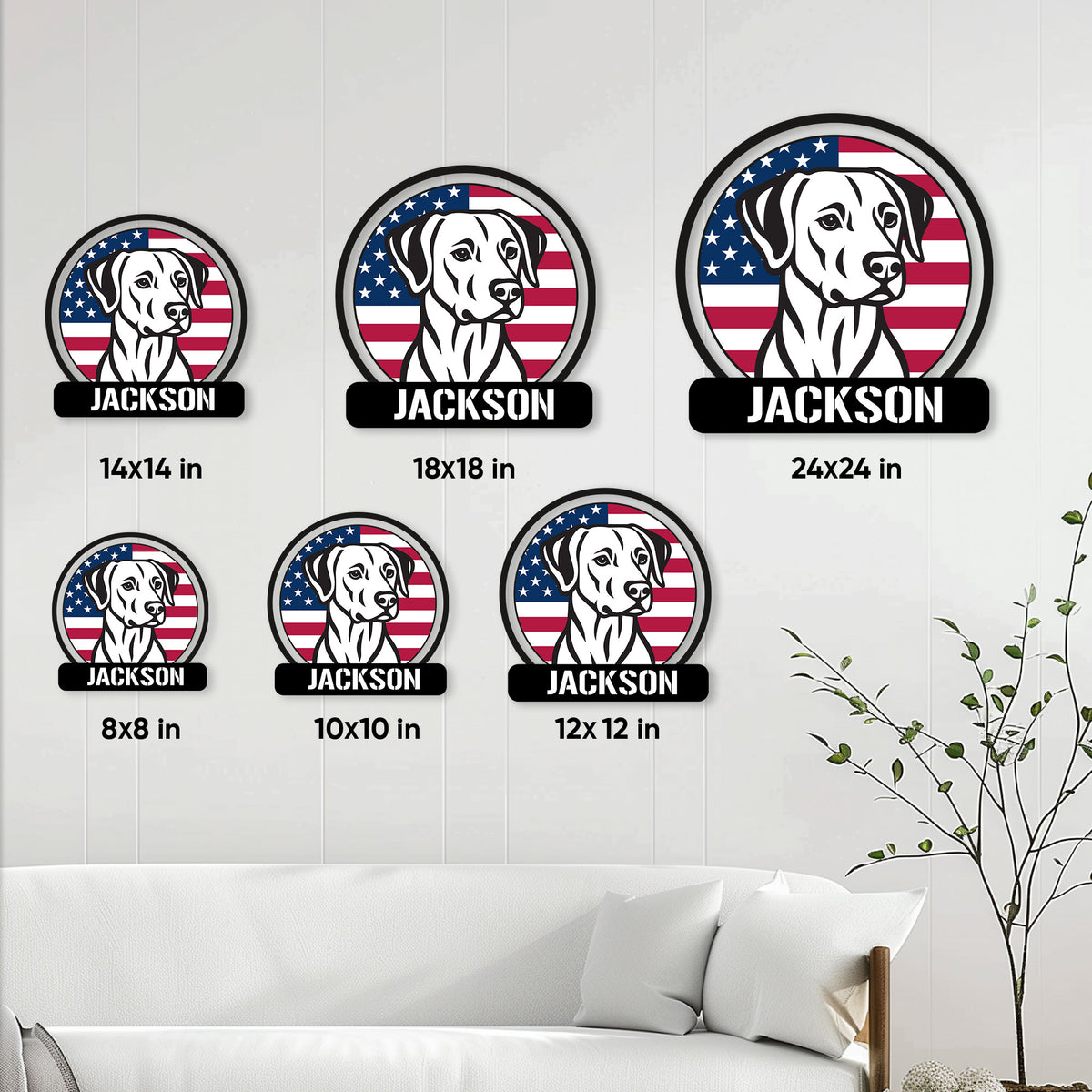 Dog portrait metal sign size guide showing six available square dimensions