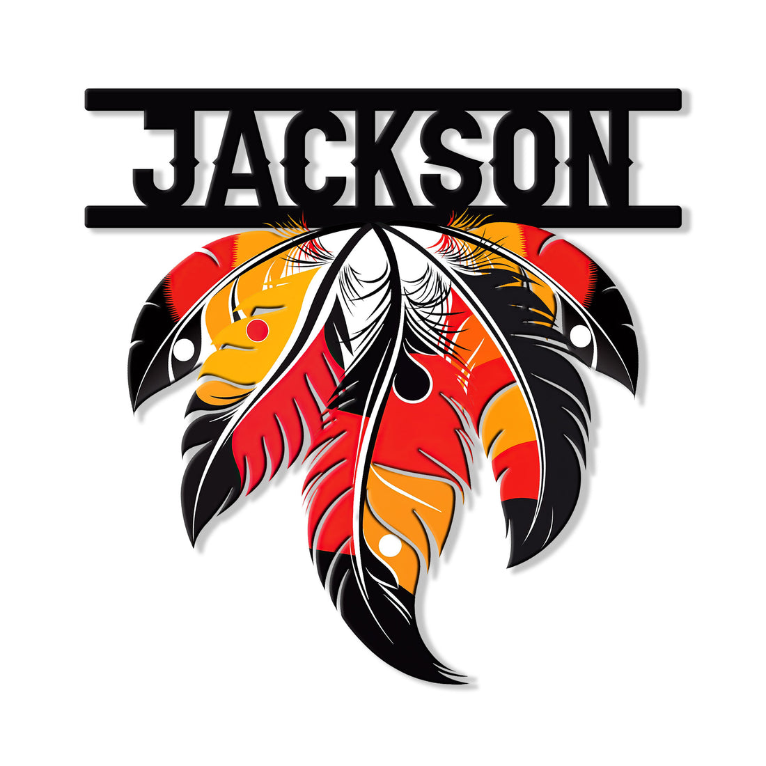 Custom Native American metal sign featuring a bold red, orange, black, and white feather design