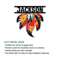 Colorful Native American inspired feather wall sign presented as a decorative cut metal design