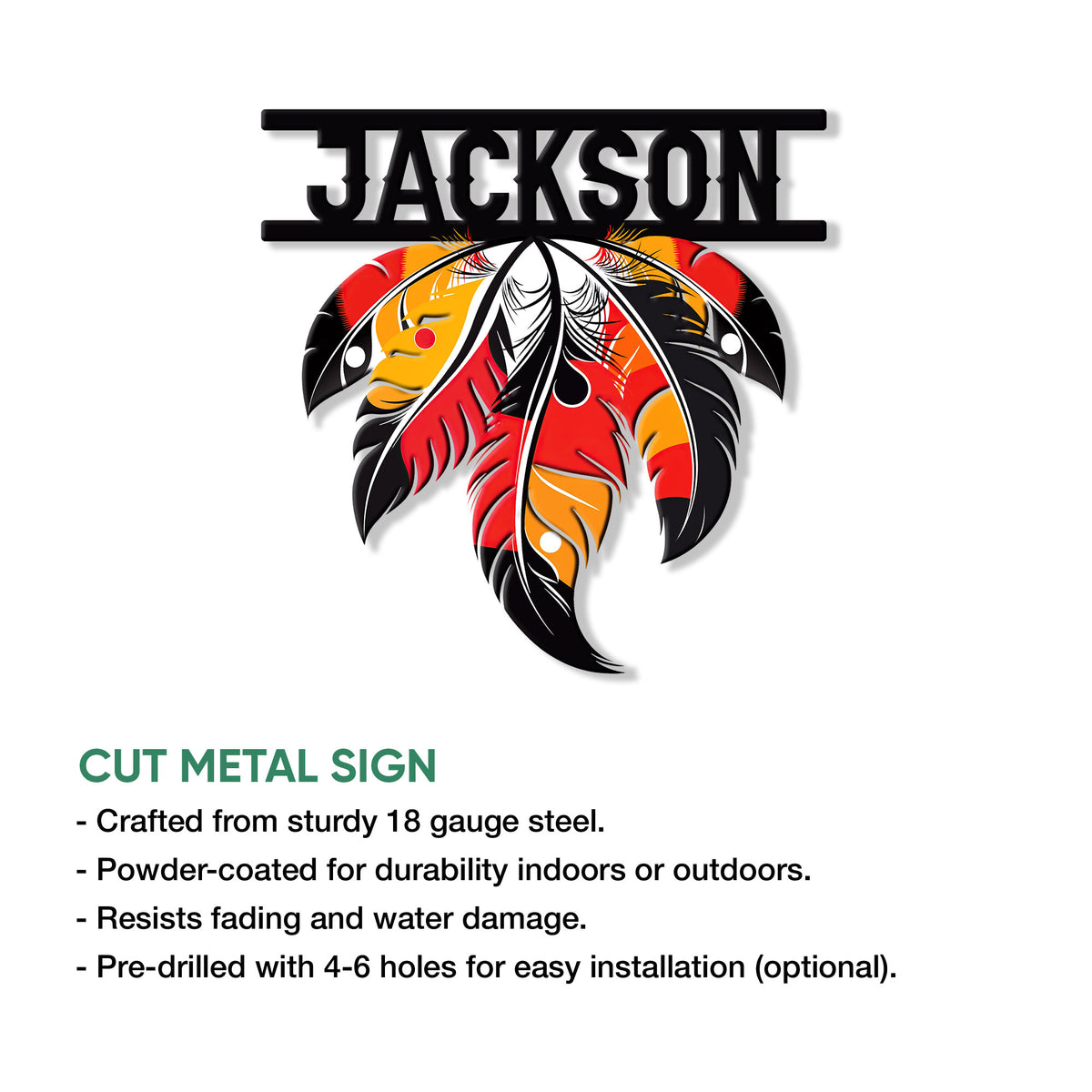 Colorful Native American inspired feather wall sign presented as a decorative cut metal design