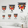 Native American feather metal sign size guide displaying six available square size options in a living room
