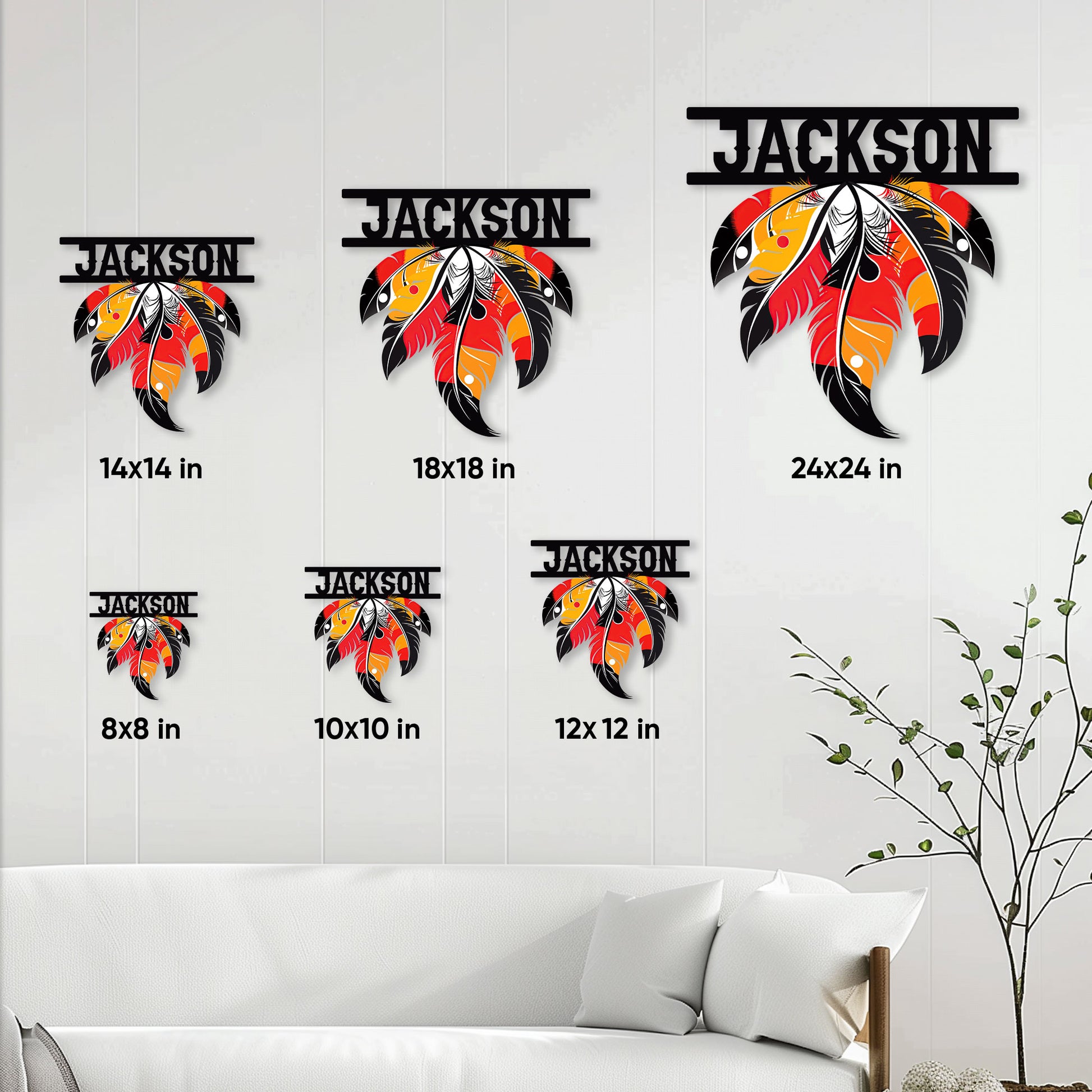 Native American feather metal sign size guide displaying six available square size options in a living room