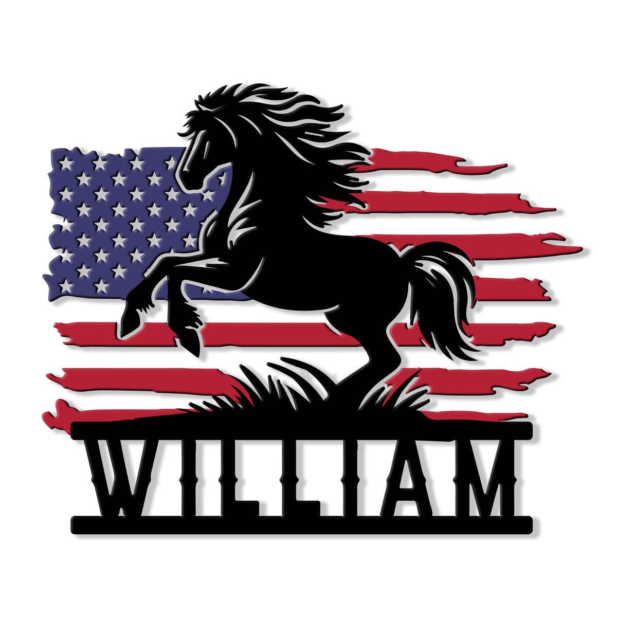 Custom horse metal sign featuring a rearing black horse silhouette over a distressed American flag