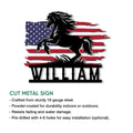 Horse and American flag cut metal sign shown with product feature information