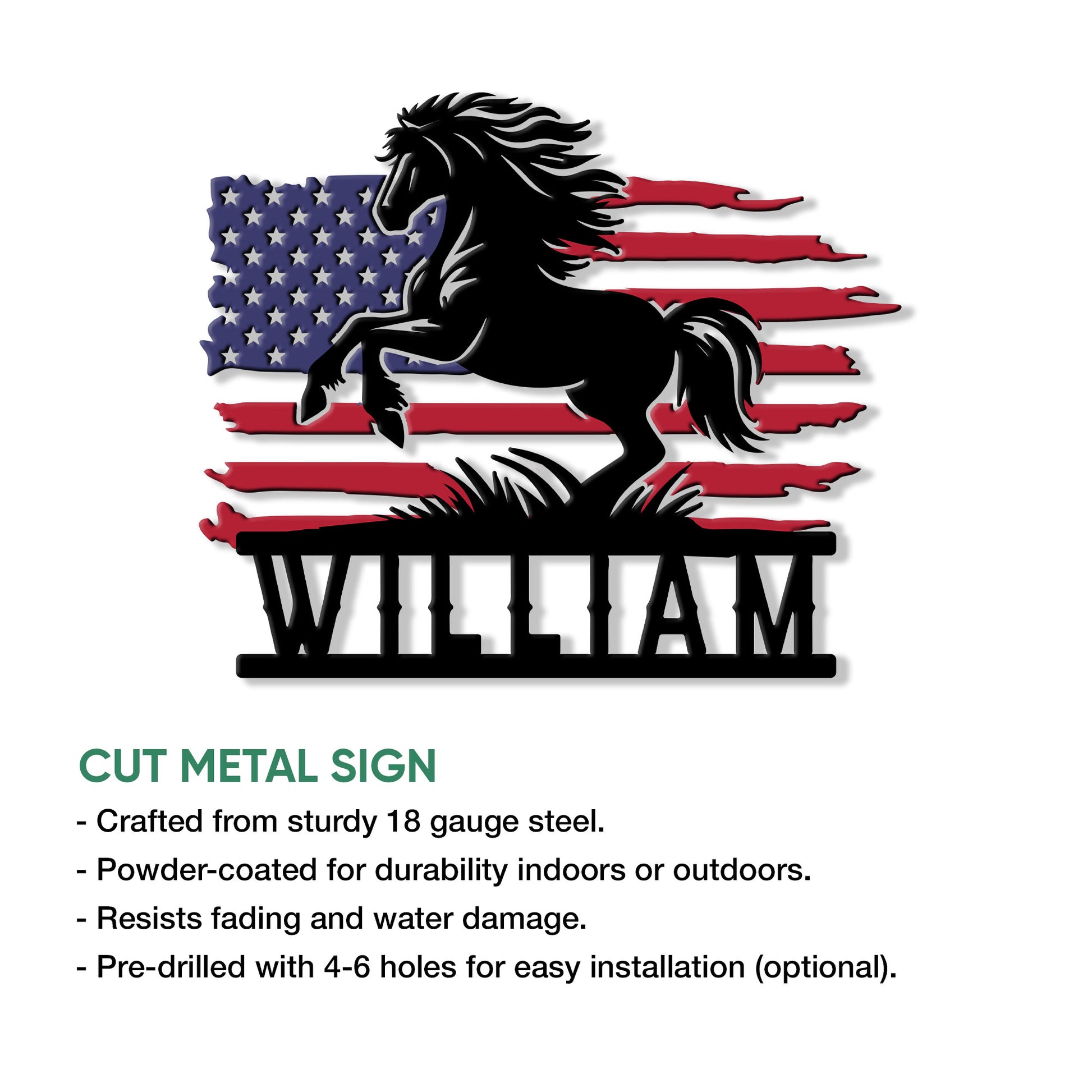 Horse and American flag cut metal sign shown with product feature information