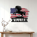 American flag horse metal sign displayed as patriotic wall decor in a bright home entryway