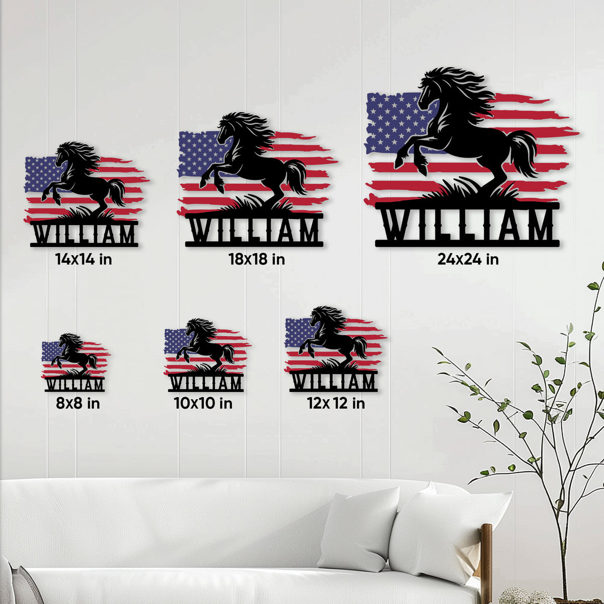 Horse American flag metal sign size guide showing multiple square size options on a wall