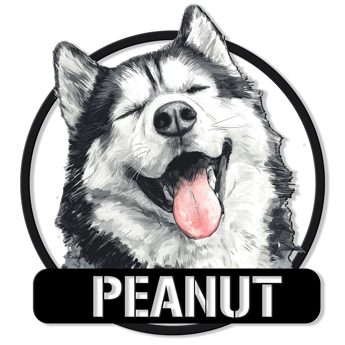 Expressive Alaskan Malamute portrait metal sign with a playful tongue-out dog design