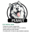 Alaskan Malamute metal sign shown in a product feature graphic with cut-metal construction details