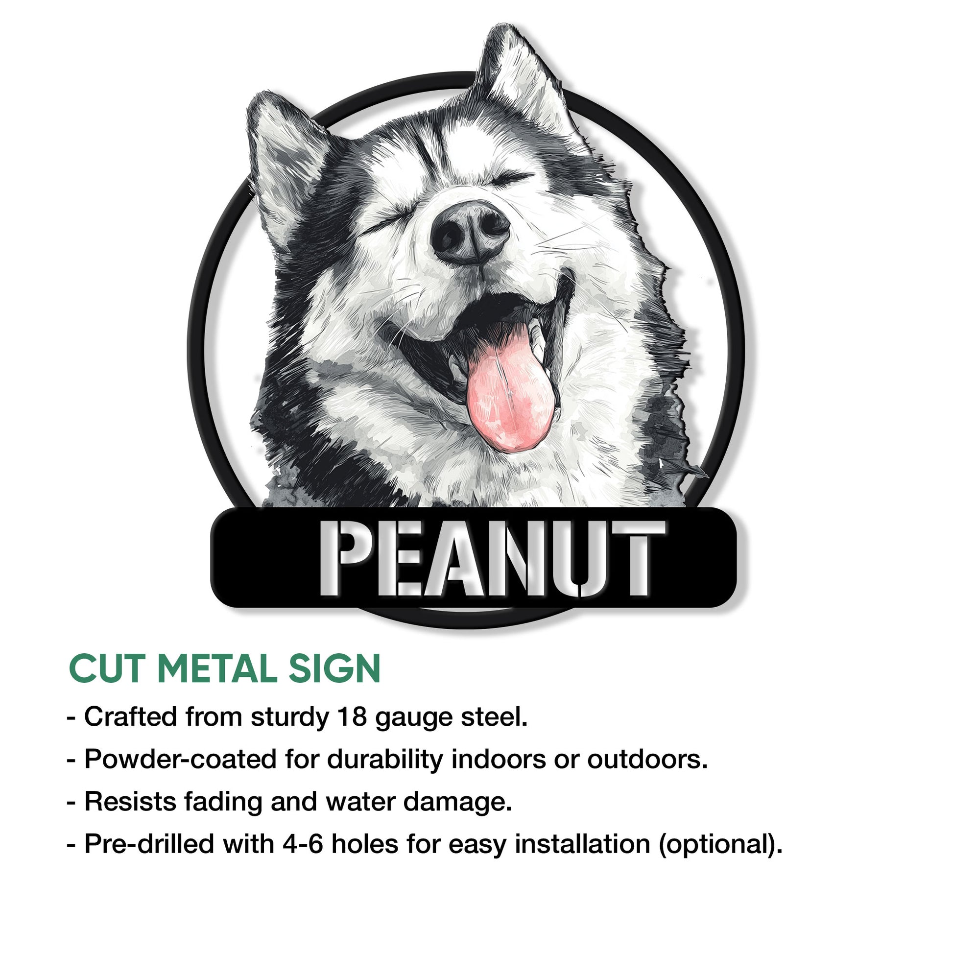 Alaskan Malamute metal sign shown in a product feature graphic with cut-metal construction details