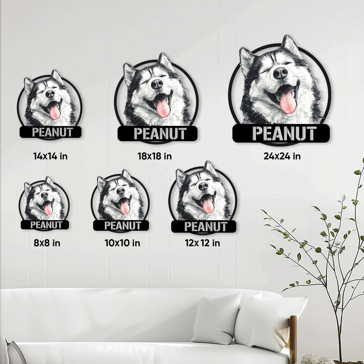 Alaskan Malamute metal sign size guide showing multiple square size options in a living room