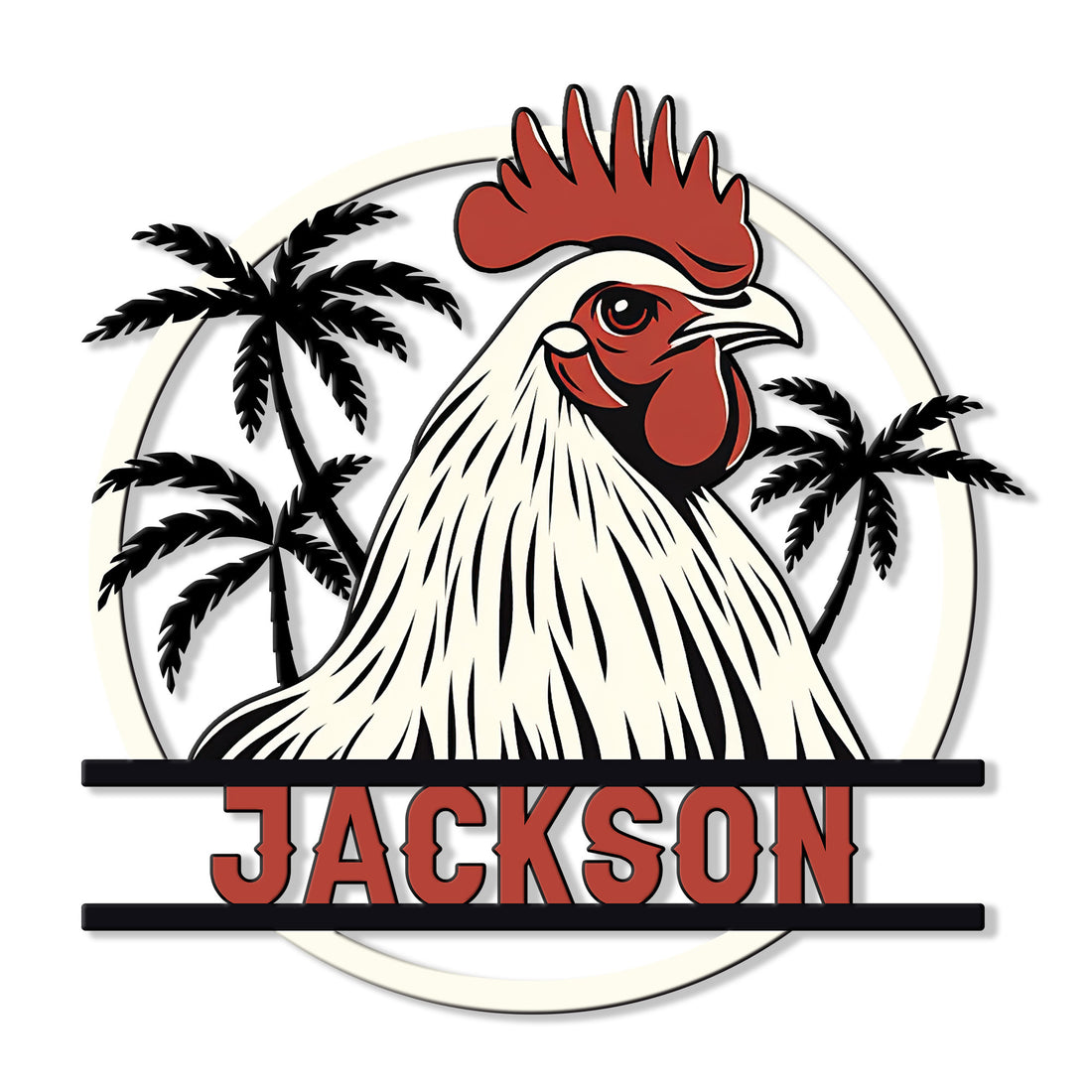 Custom chicken metal sign featuring a bold rooster portrait framed by tropical palm silhouettes