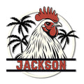 Custom chicken metal sign featuring a bold rooster portrait framed by tropical palm silhouettes