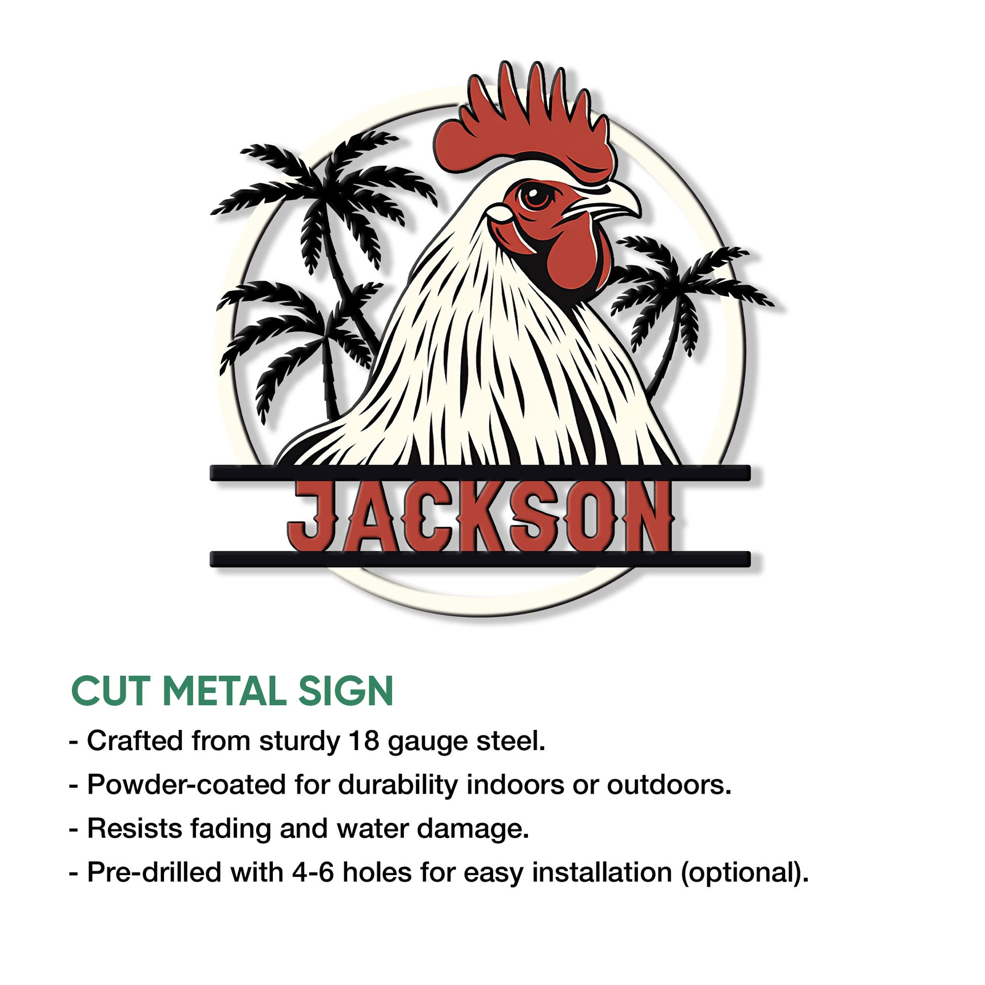 Rooster chicken metal sign shown as a cut metal wall accent with indoor and outdoor display features
