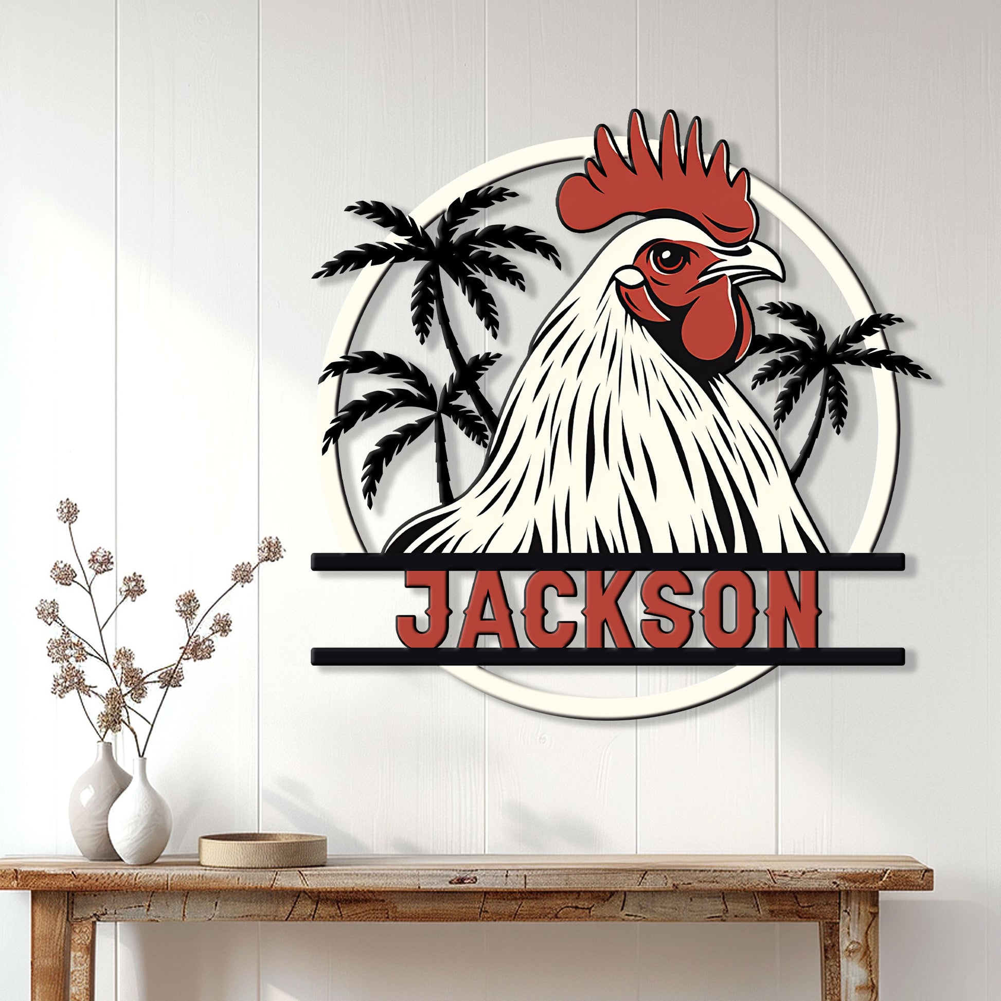 Rooster metal sign styled on a light wood-paneled wall above a console table