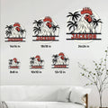 Chicken metal sign size guide showing multiple square size options in a living room setting