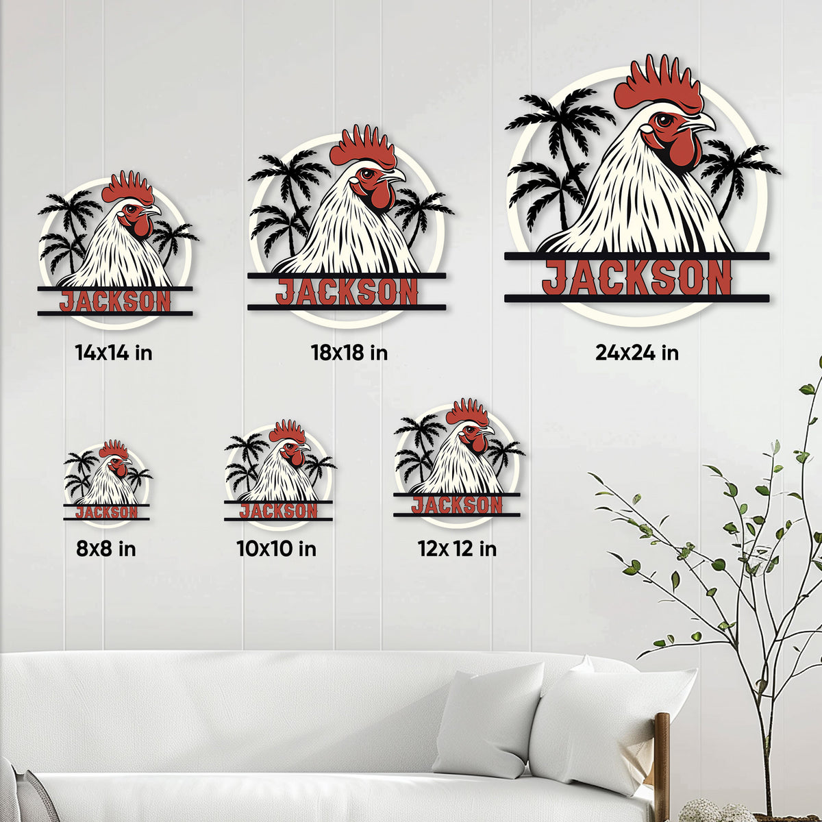 Chicken metal sign size guide showing multiple square size options in a living room setting